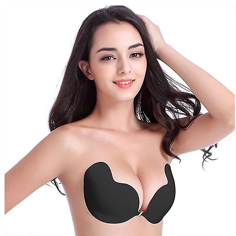 Adhesive Invisible Backless Push Up Strapless Sticky Bras Reusable Magic Bra for Women Black(D Cup)