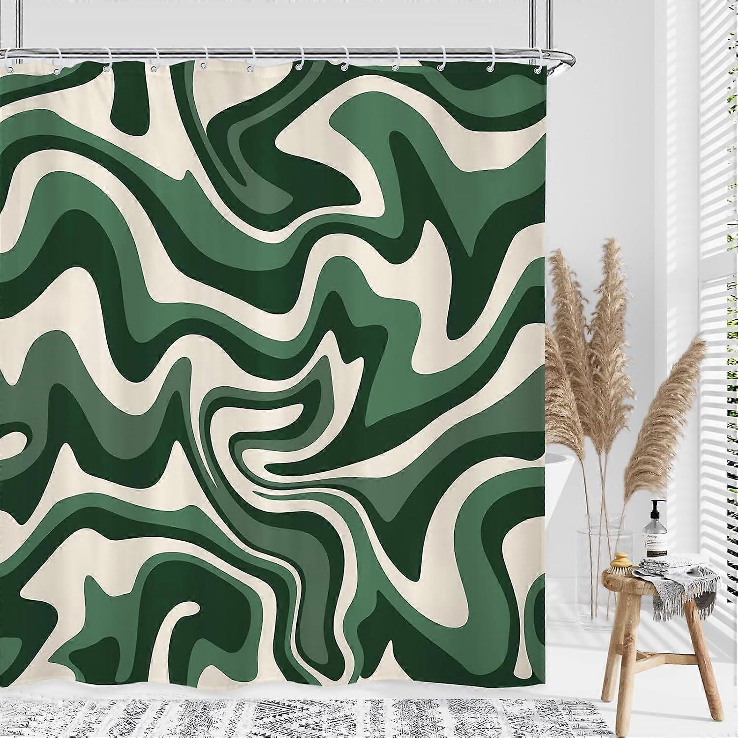 セージグリーン70年代シャワーカーテン60Wx72Lインチグルーヴィーファンキーな美的Y2Kレトロ抽象的な波渦巻きビンテージバスルームセットアクセサリー装飾ポリエステル水