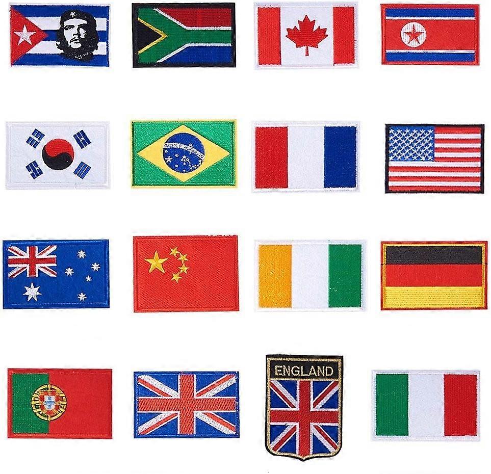 16PCS Flag Theme Iron On Patches Embroidered Patches Appliqu Motif Applique Kit Assorted Size Decoration Sew On Patches for Jackets Backpacks Jeans Cl