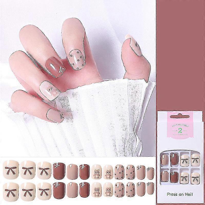 48 Pieces Reusable Faux Nails - Full Coverage Nails - Bear Pattern