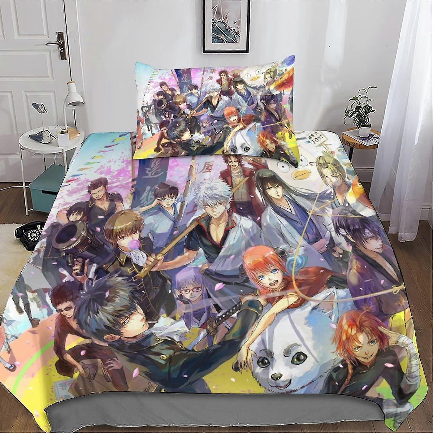 Gintama Bedding Set 3D Duvet Cover, Printed 2 Pieces, Microfiber Bedding with Zipper Closure Pillowcases for Single or Double Bed Single