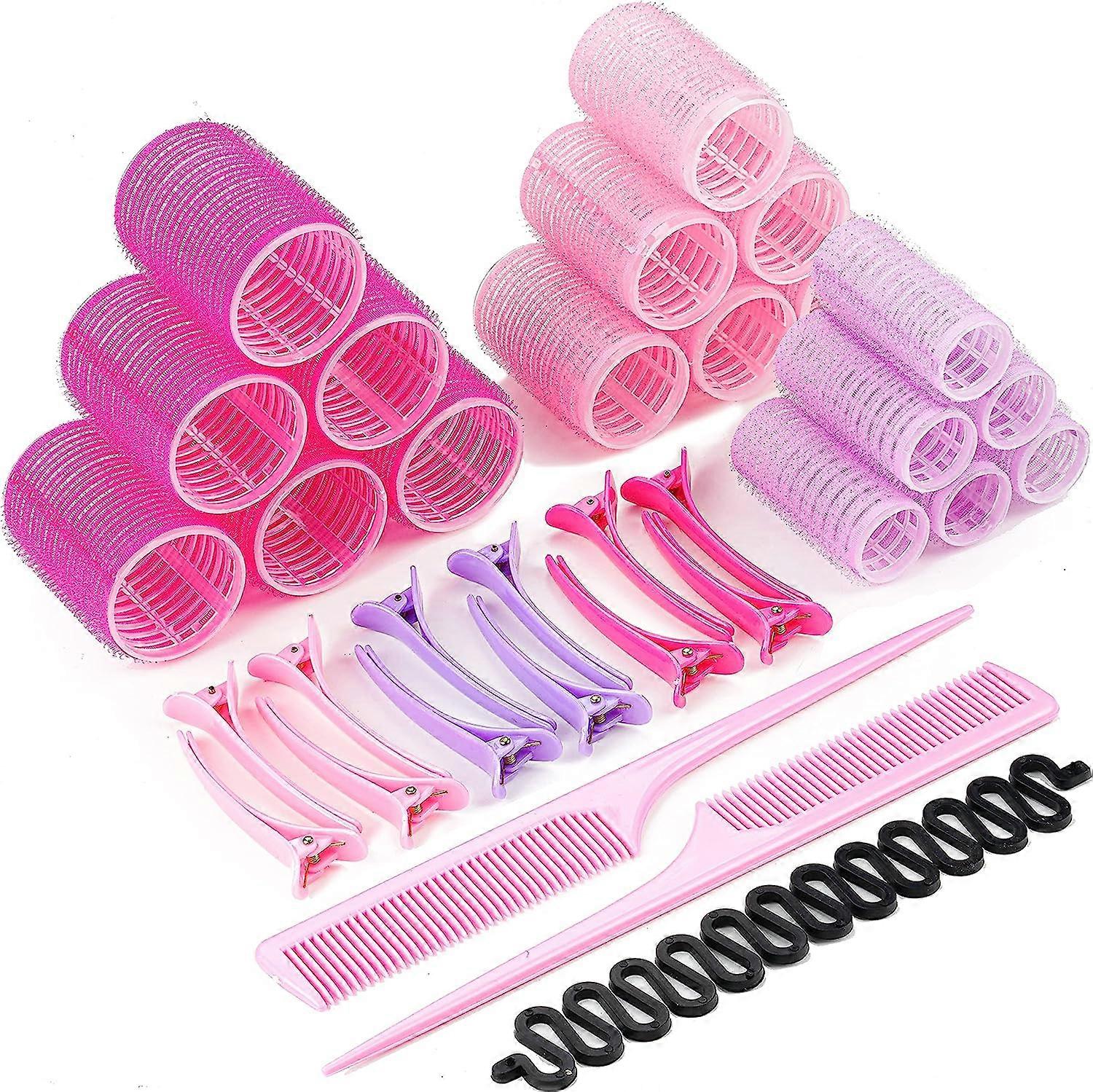37pcs Curling Irons with Clips - 18 Self-Gripping Curling Rollers - 48mm, 36mm, 25mm l 12 Duckbill Barrettes (Random Color) l 2 Combs 1 Braiding Set a