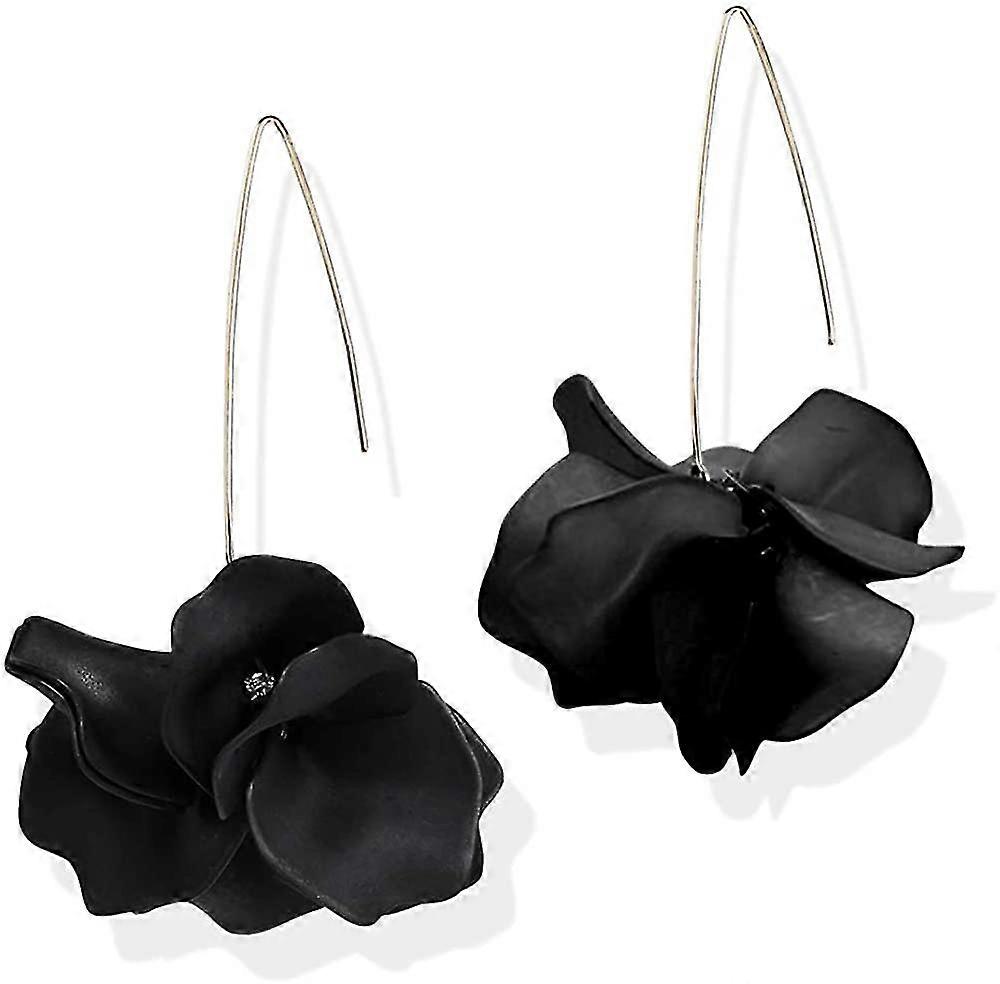 Boho Rose Petal Dangle Resin Earrings - Long Drop Acrylic Tiered Flower Earrings-black
