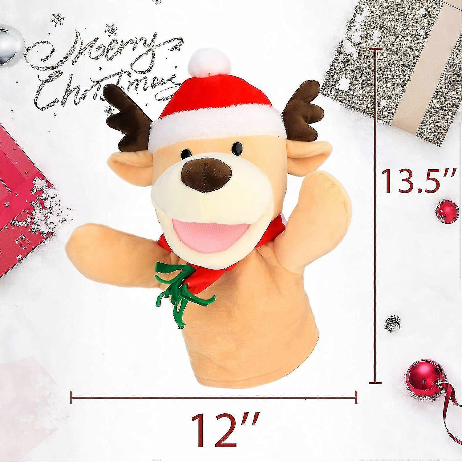 Plush Christmas Elk Hand Puppet Reindeer With Open Movable Mouth For Imaginative