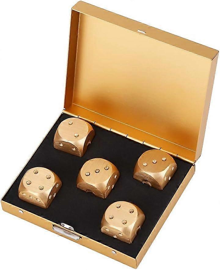 Dice Set with Box, 5pcs Aluminium Alloy Dices Set with Storage Box Suitable for a Variety of Table Games, Poker, Monopoly, etc(Square-Gold)