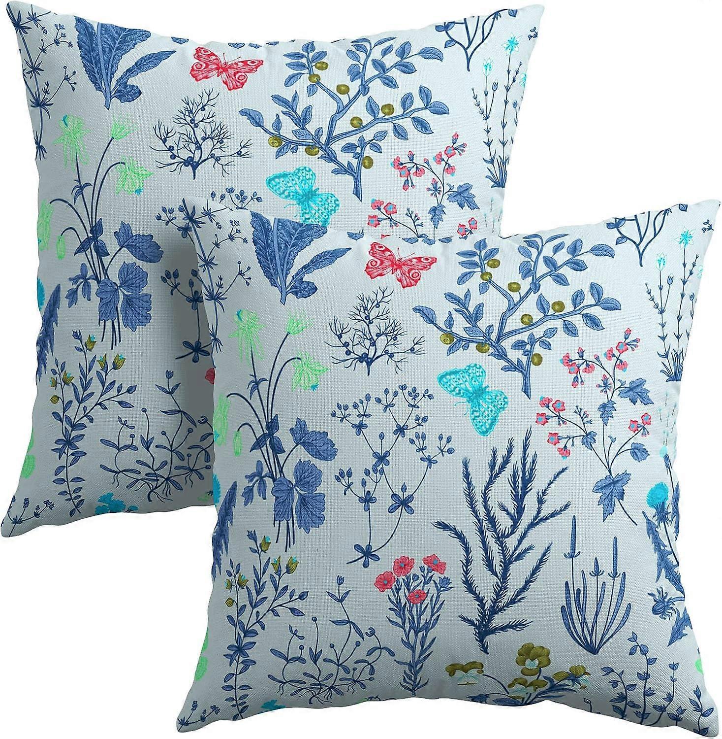 Mavi Otlar Yabani Çiçekler Yastık Kılıfları 16x16 İnç Botanik Çiçekli Kelebek Atma Yastık Kılıfı 2'li Set Bahar Çiçek Yastık Kılıfı Pamuk Keten Cushio