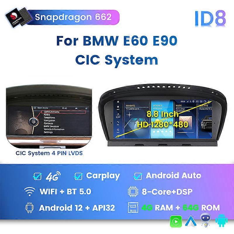 S662 Android 12 ID8 Car Multimedia Player Intelligent System For BMW 3/5 Series E60 E61 E63 E64 E90 E91 E92 MASK CCC CIC