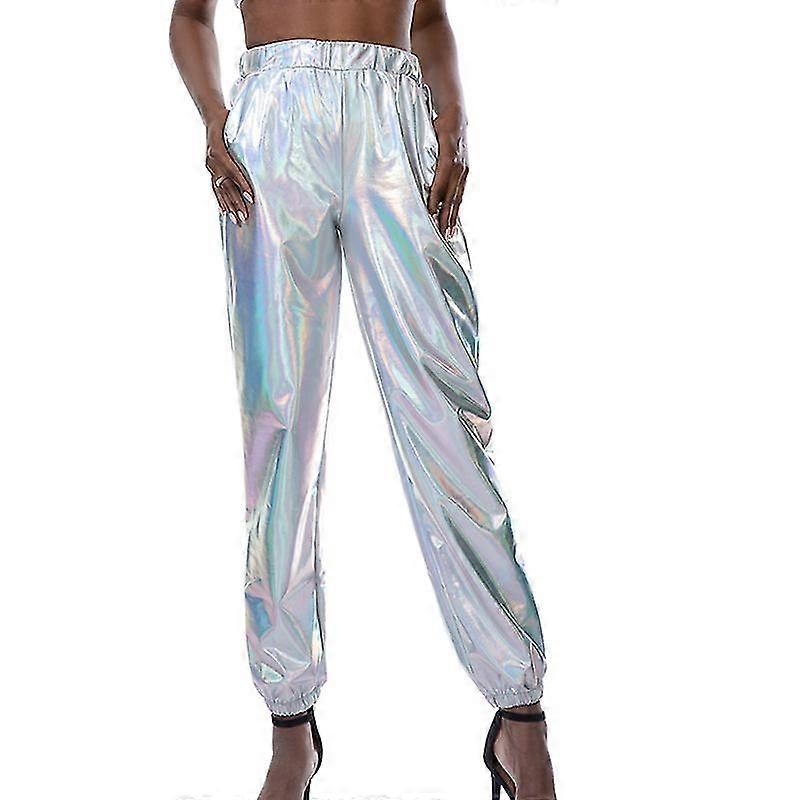 Γυναίκες ψηλόμεσο παντελόνι casual καλοκαίρι loungewear μεταλλικά παντελόνια