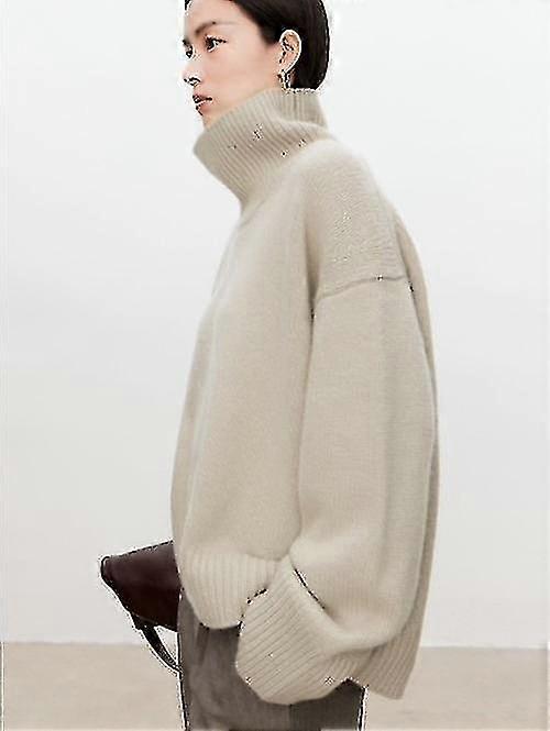 Turtleneck Pure Cashmere Sweater Kvinde Løs Og Tyk Sløv Lazy Wind Pullover Sweater Strikning Base Uld Sweater-xinhan