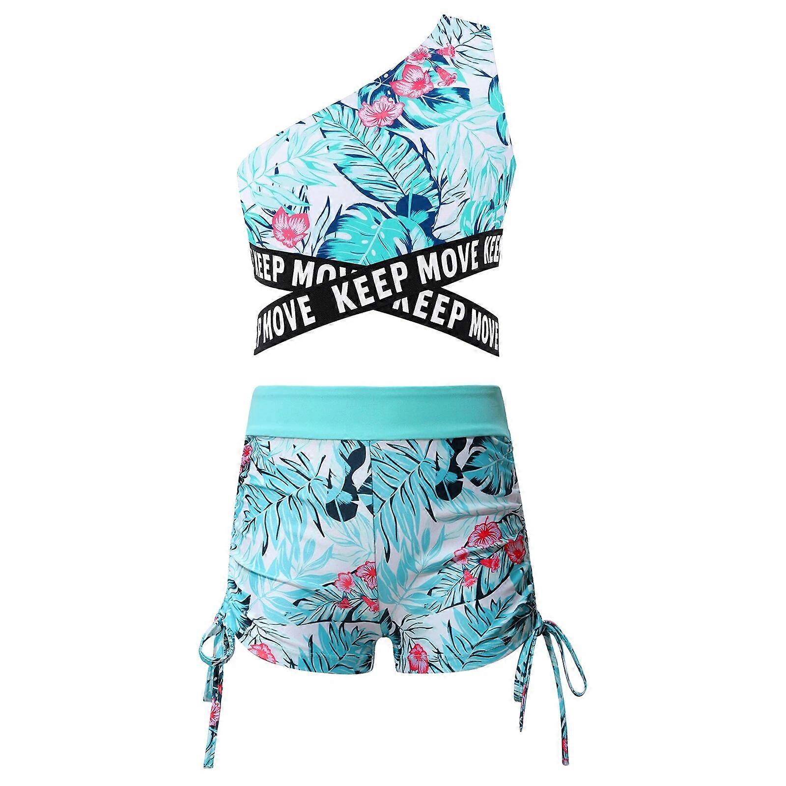 Barn Badkläder Två stycken Baddräkter Flickor Tryckta Singel Axel Toppar med Shorts Barn Set för Pool Strand Simning Bad