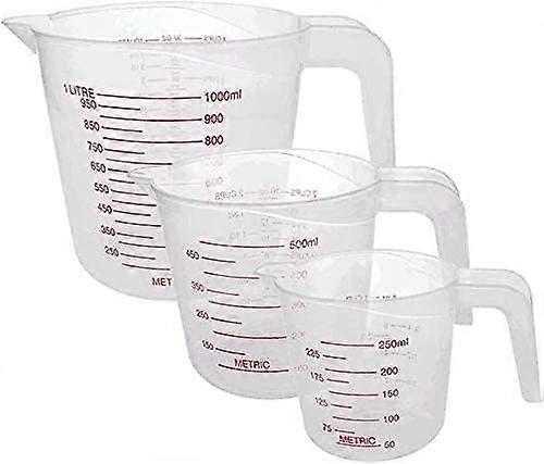 Measuring cup made of plastic, cup, 3 sizes, 1000ml, 500ml, 250ml, clear, easy to read measurements