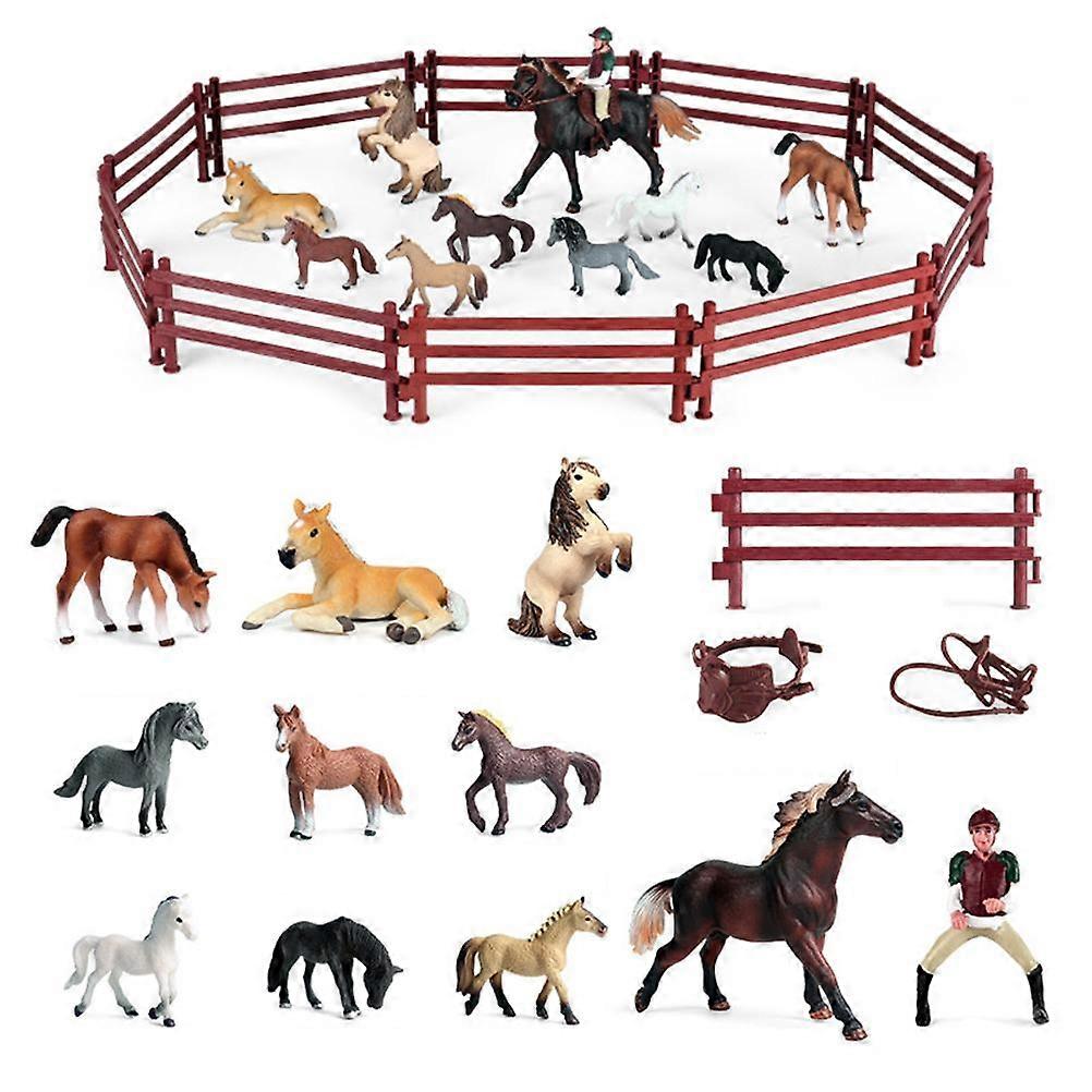 Simulation Horse and Horseman Figure Model with Fence Farm Simulation Animal Figurines Set Emulational Learning Toy