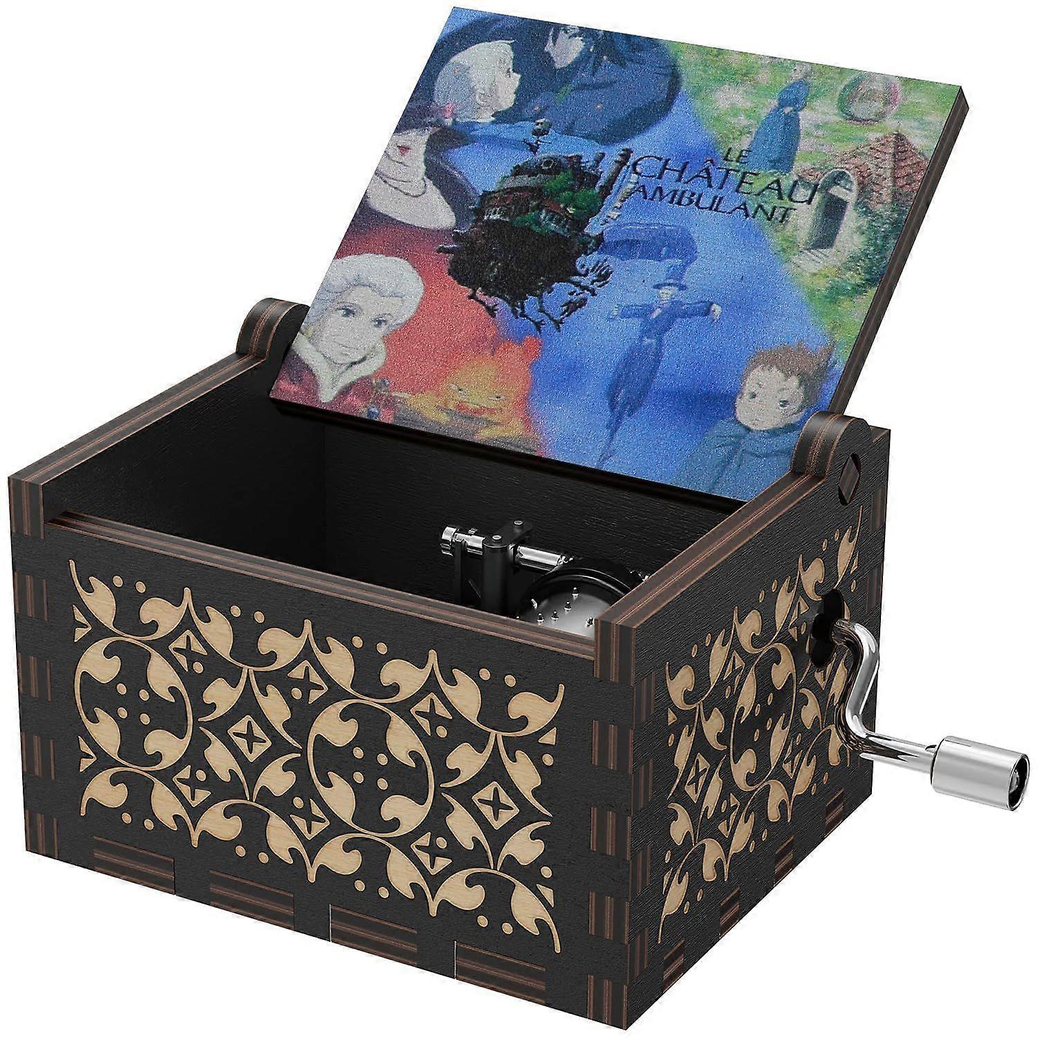 Howl's Moving Castle Anime Theme Merry Go Round of Life Wooden Hand Crank Music Box Black 1