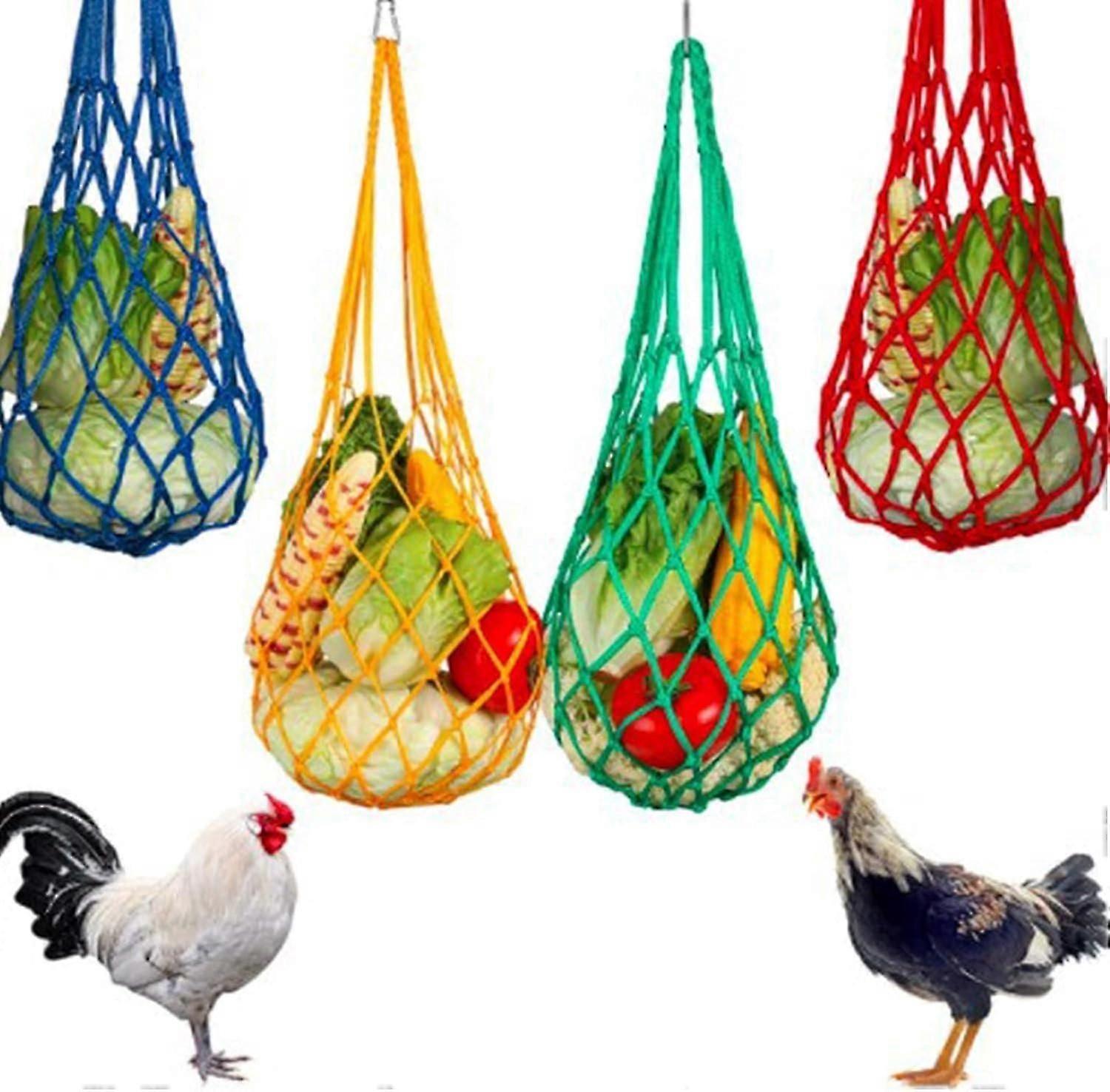 Mangeoire à poulet suspendue, paquet de 4 sacs en filet pour mangeoire à légumes pour nourrir des friandises avec des filets d’alimentation suspendus à crochet
