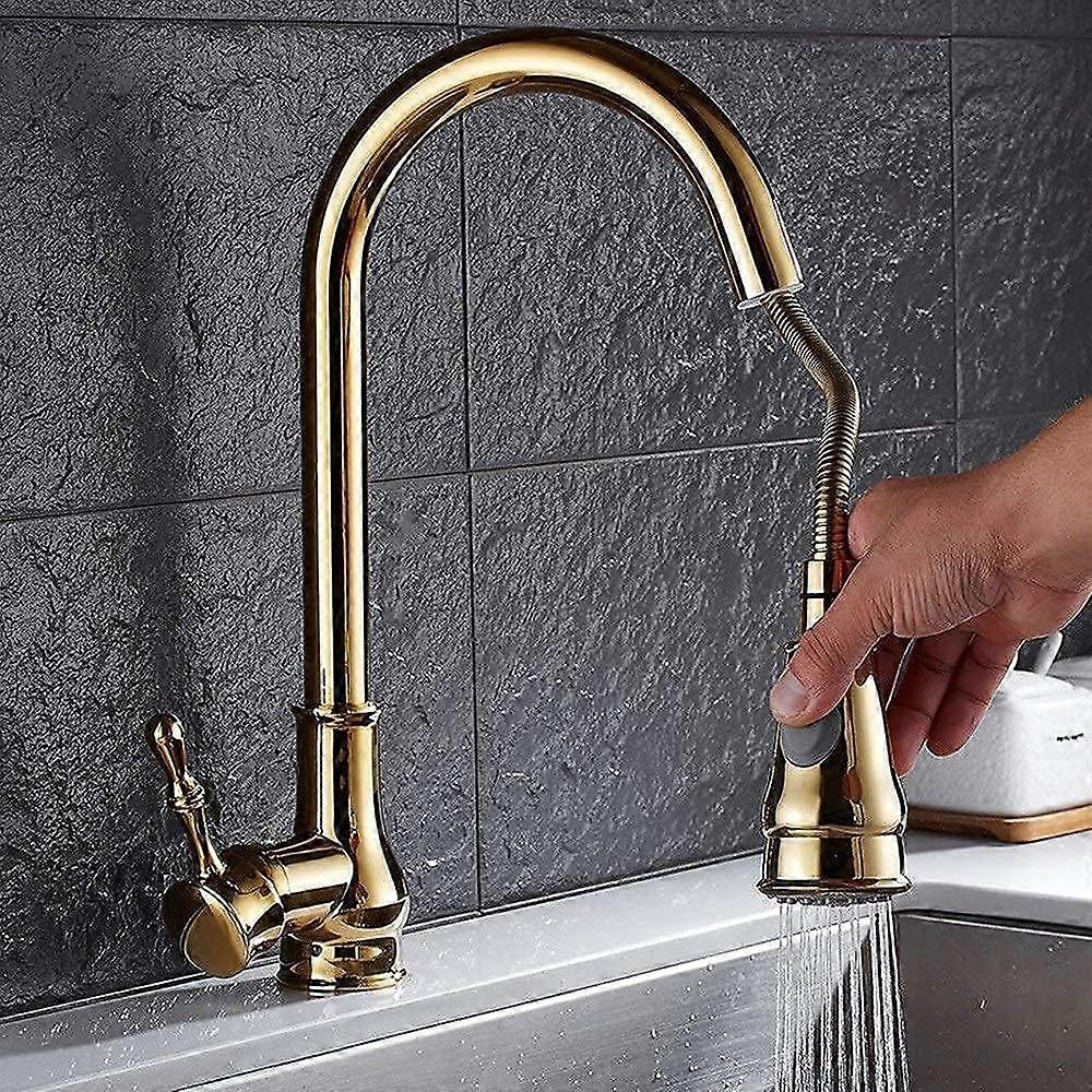 Faucets Gold Solid Brass European Style Kitchen Sink Mixer Tap Single Handle Pull Type 360 Rotation Cold Hot Water