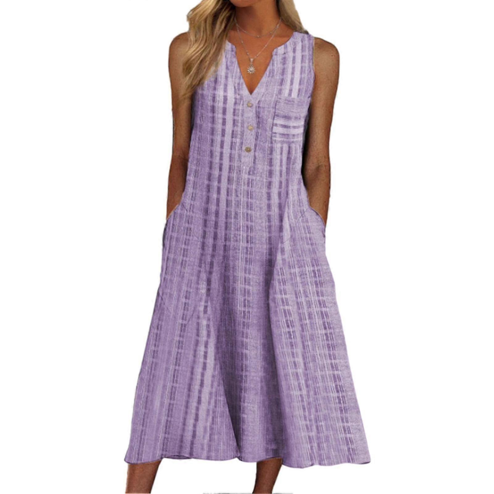 Damen Button-Down-Sommerkleid Locker ärmellos mit Taschen