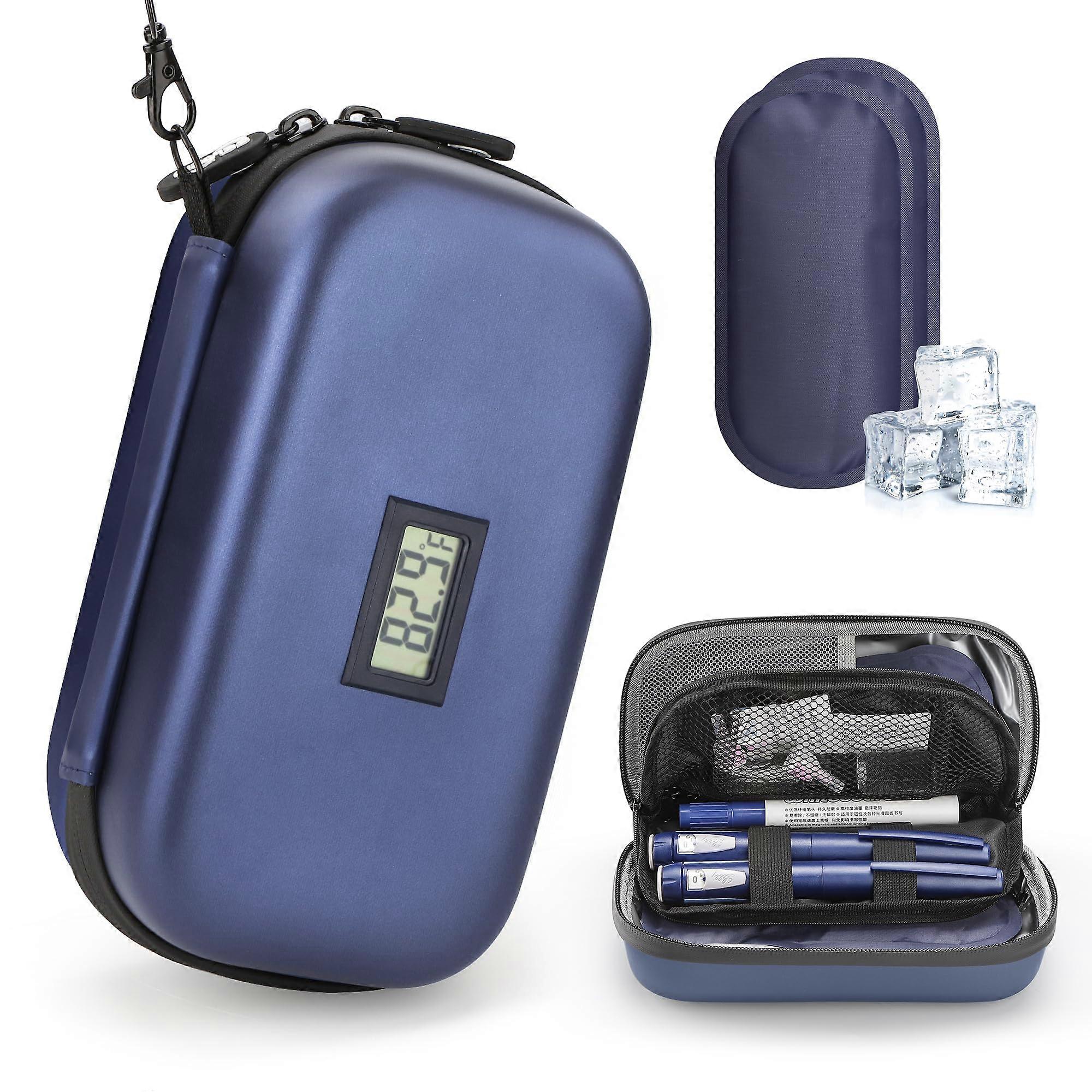 Insulin Cooler Travel Case With Temperature Display 24h TSA Approved 2x160g Ice Packs Blue Upgraded Version
