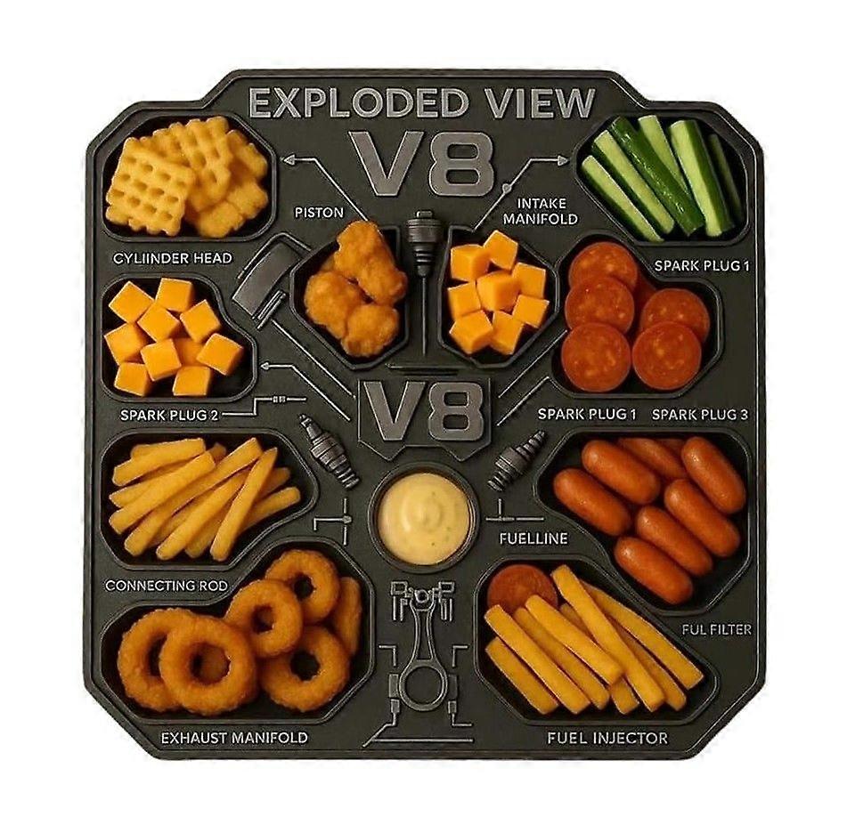 V8 Engine Food Platter, Multi-Compartment Design Cool V8 Engine Modeling Snack Serving Tray, Reusable Fries Hot Dogs Cheese Sauces Storage Container f