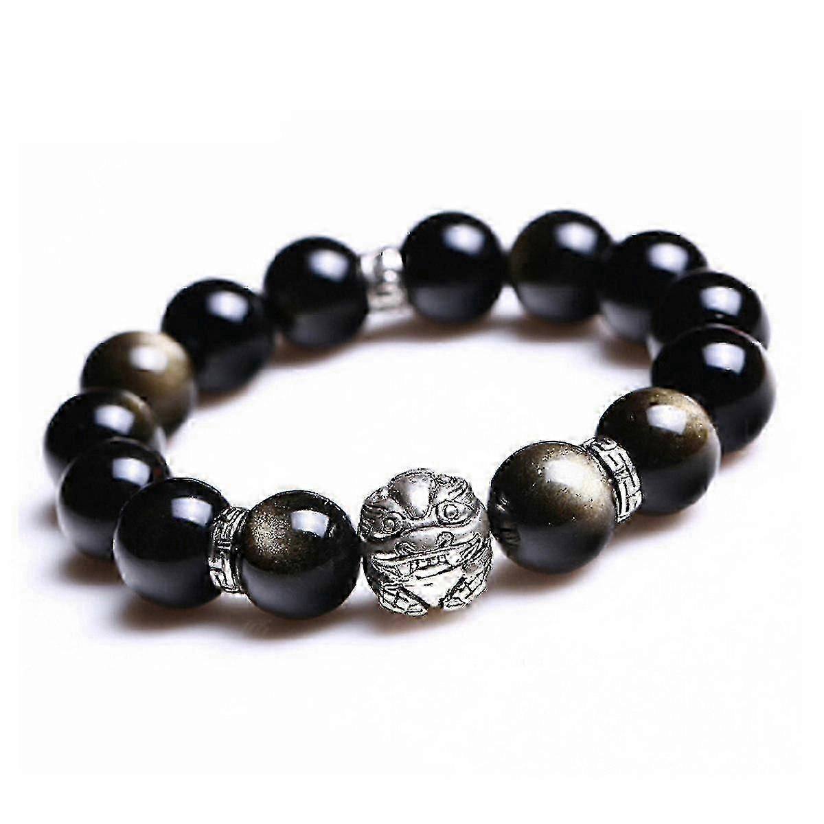 12mm Natrual Golden Obsidian Beads Bracelet Fortune Bangle With Silver Pi Xiu For Men