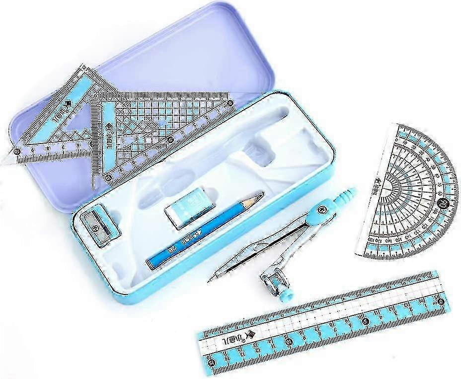 8 Pack Math Set for Students with Storage Box, Includes Ruler, Protractor, Compass, Pencil, Pencil Sharpener and Eraser for Use with Various