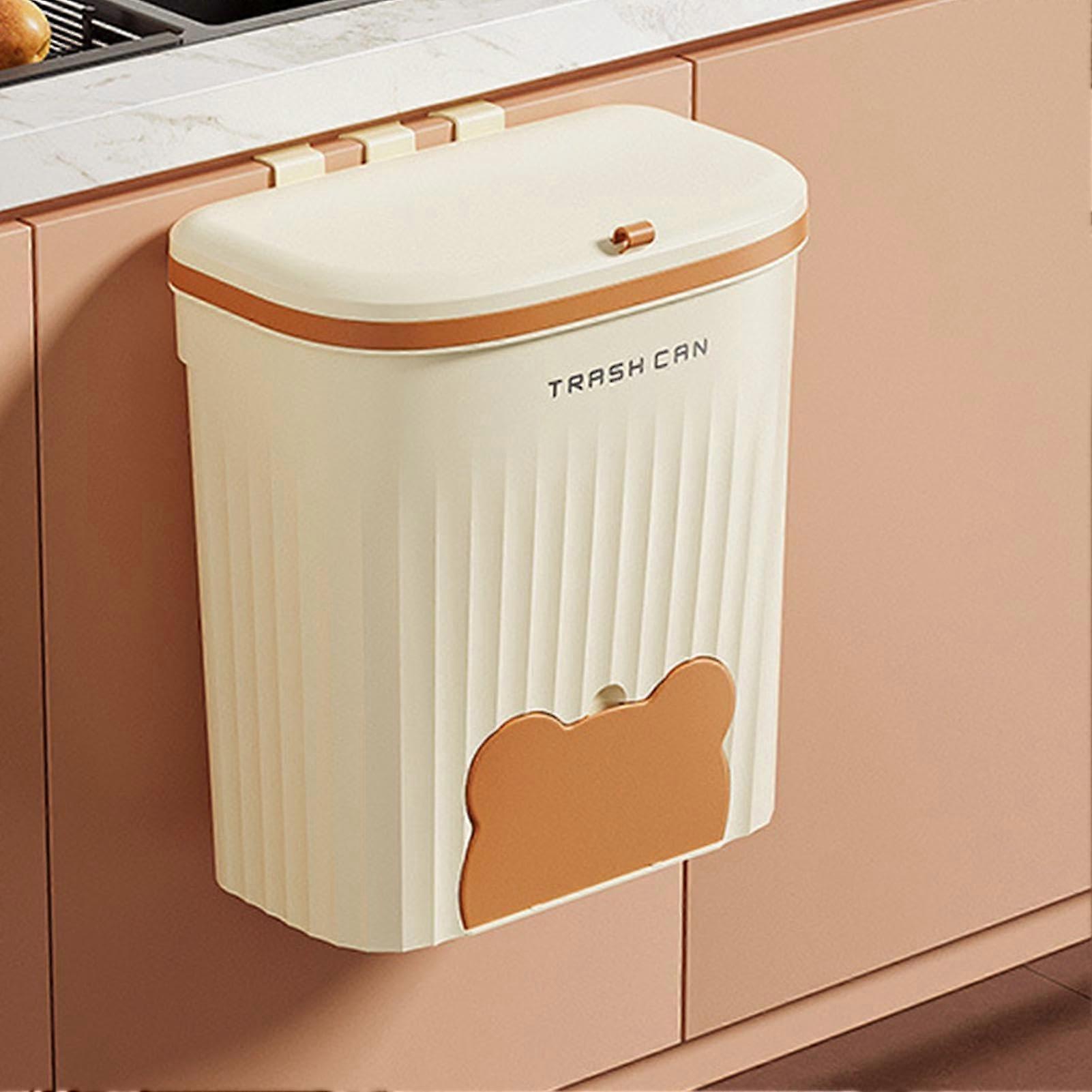 Hanging Bin with Lid 28 x 16 x 26 cm Creamy Small Waste Bin for Kitchen Bathroom Motorhome Wall Mounted Storage