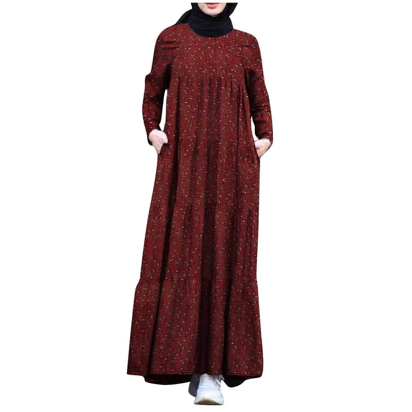 Damen Kleid Muslim Retro Layered Printed Dress With Back Zipper Cotton And Linen Satin Red XL