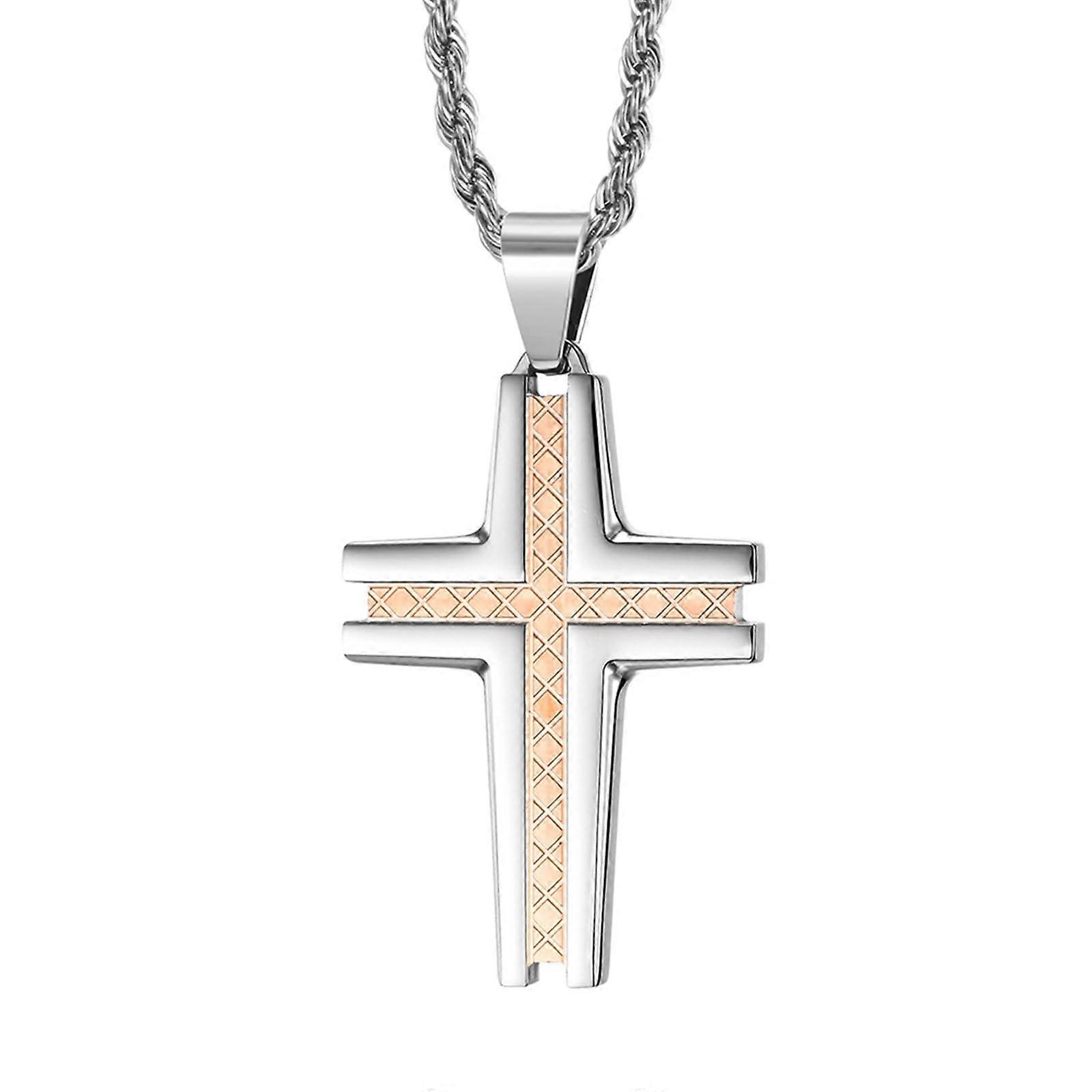 Men's Stainless Steel Cross Necklace with Grid Pattern Pendant in Rose Gold - Simple Smooth Design for Men