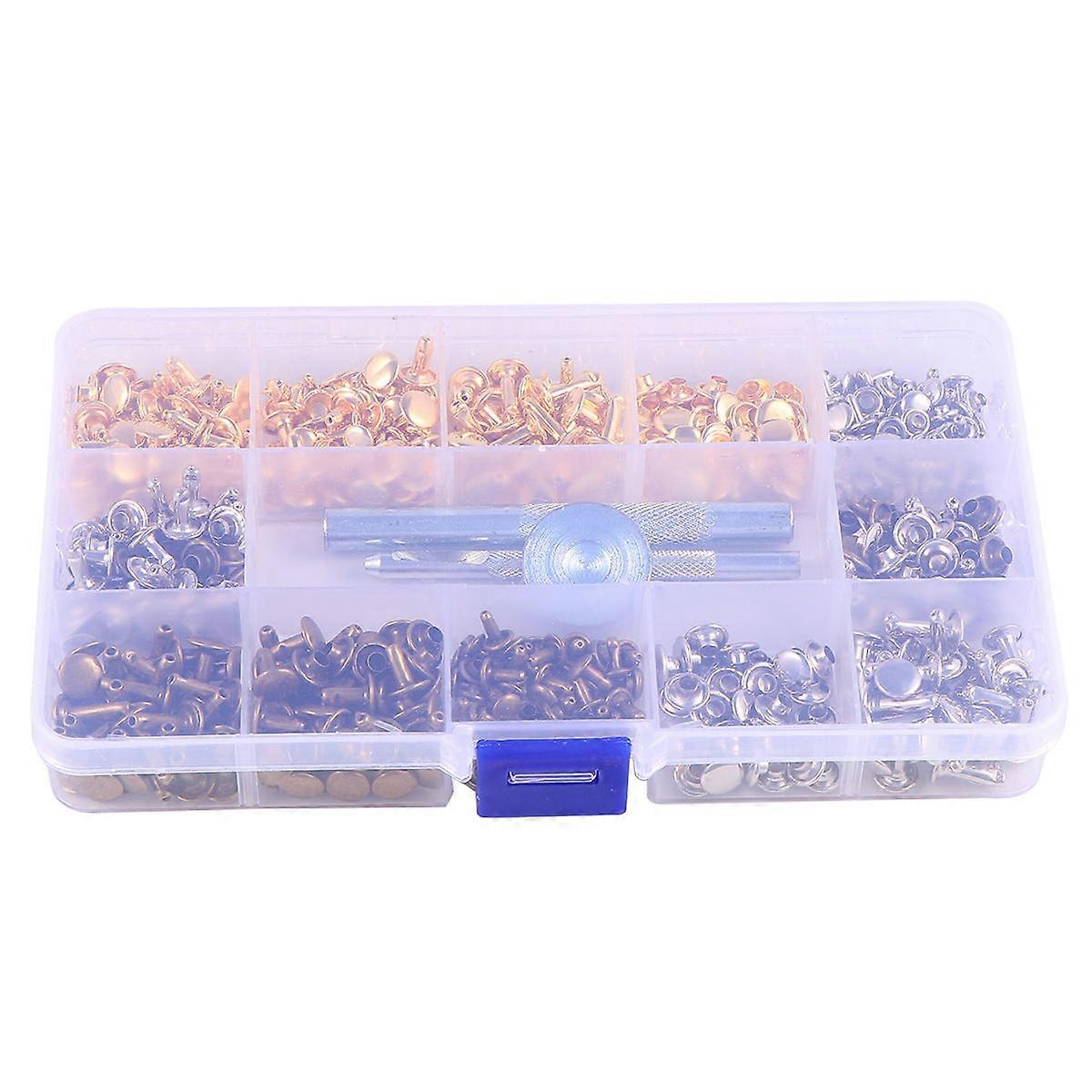 Diy Rivets Kit with Tools – Double Sided Brass Rivets in Bronze, Silver, Gold, Clear Storage Box for Craft, Bag Making, Repairs & Decoration