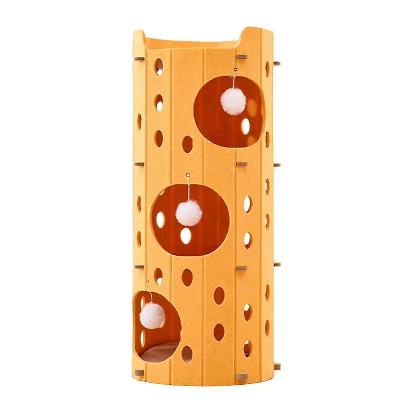 Cat Hideaway With Tunnel And Play Area Indoor Cat Furniture Three Layer Yellow Multi Level Cat House