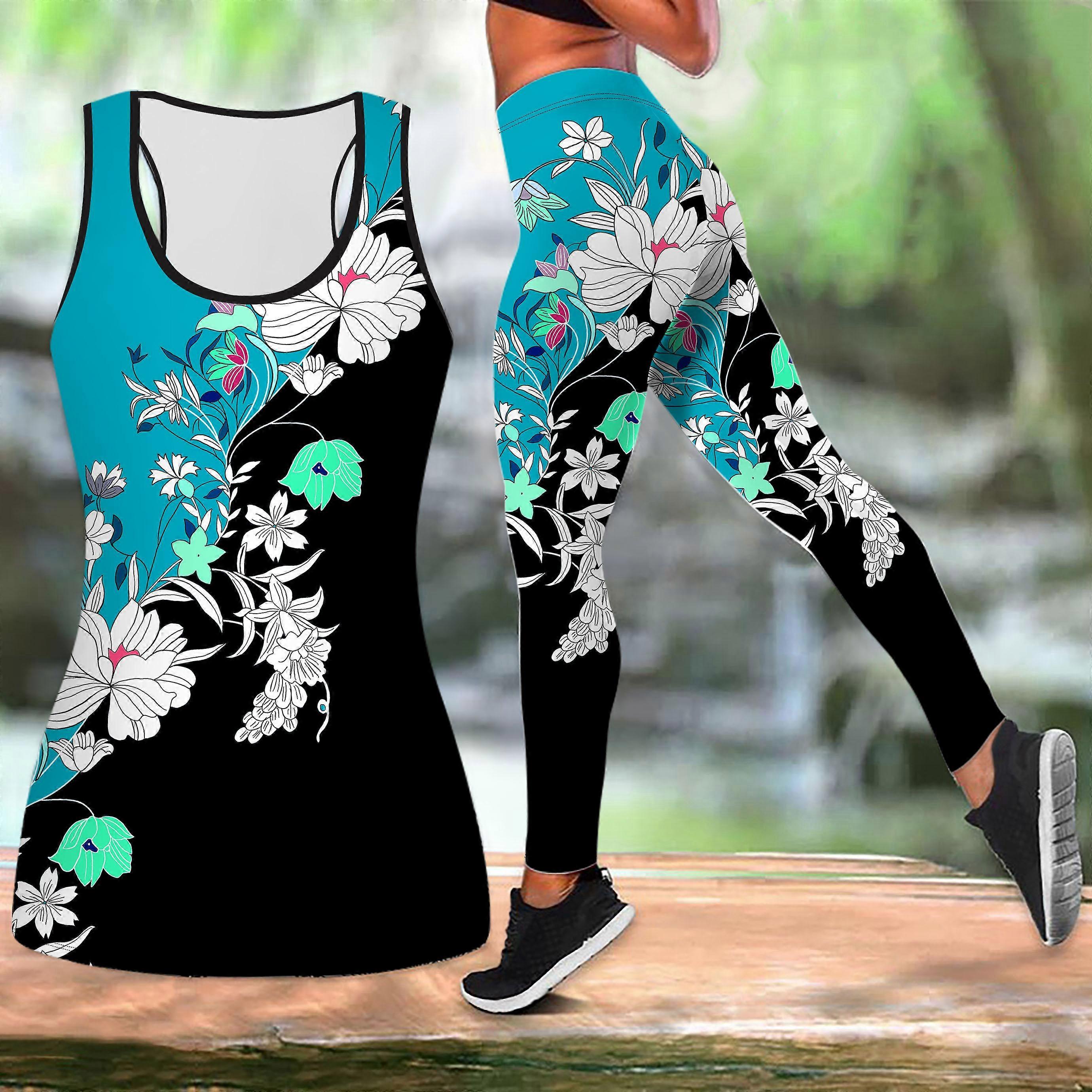 Μπλε κεκλιμένη στολή γιόγκα εκτύπωσης λουλουδιών για γυναίκες Μόδα Προπόνηση Κολάν Fitness Sports Casual Yoga Set Αθλητικό κοστούμι