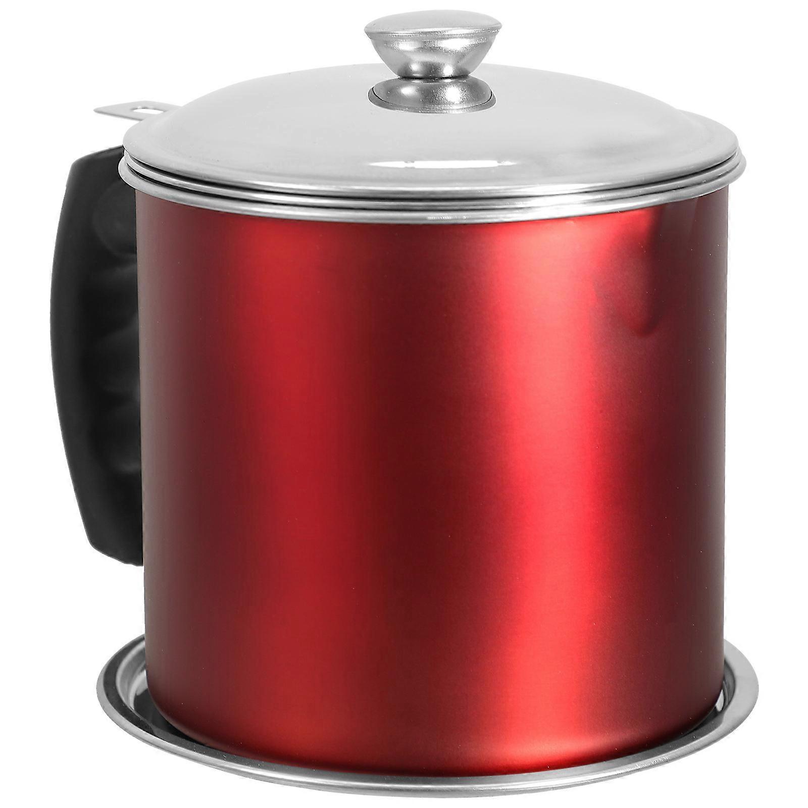 Stainless Steel Oil Filter Pot with Strainer for Storage Use Red 5.3 Inches
