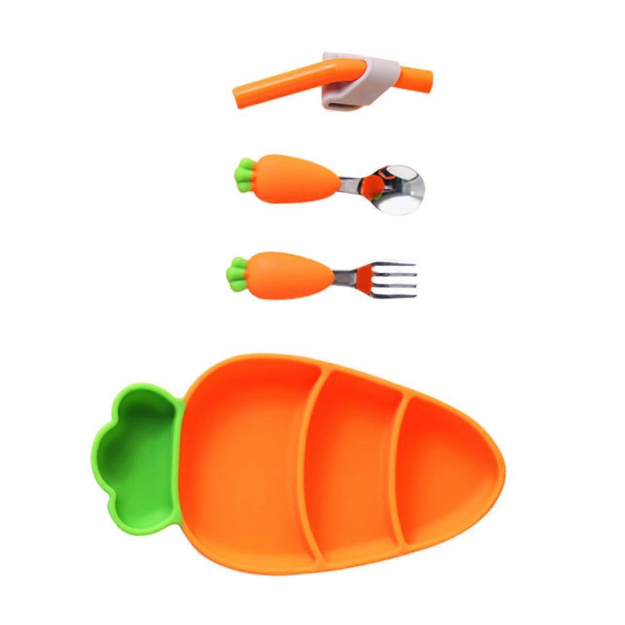 Carrot Cutlery Set Silicone Plate Spoon Fork and Straw for Safe Smooth Edges for Easy Feeding Fun and Attractive Design for Little Ones