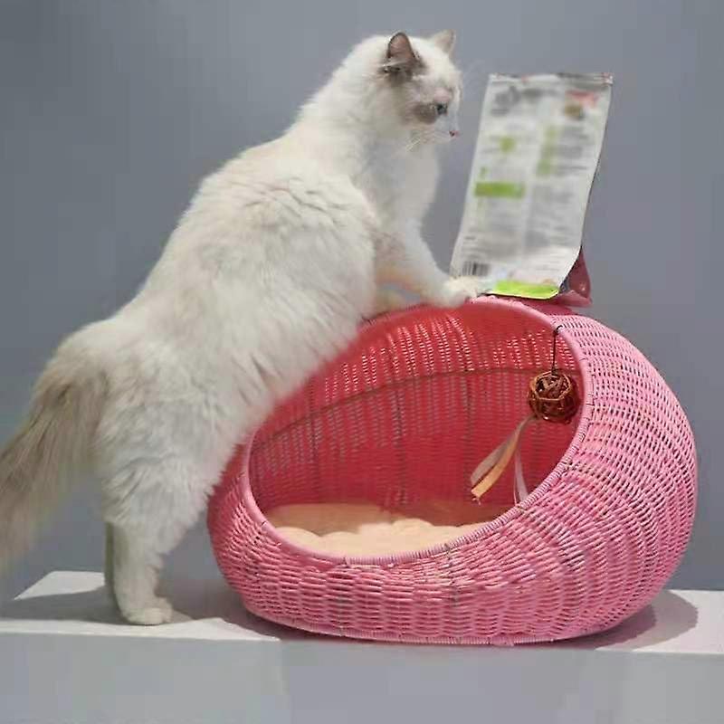 Pet Cave Indoor Cat House Wicker Cat House Basket Willow Kitten Tower Pet Den Cozy Cave with Washable Cushions 50x40x35cm Pink