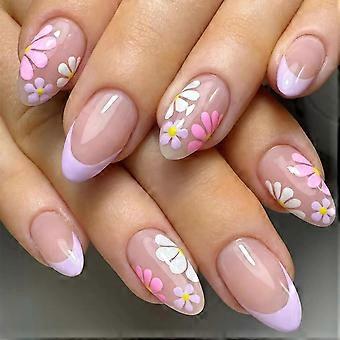 24Pcs Korte Druk op Nagels Amandel Nep Nagels Franse Tip Pers Ons Kleurrijke Daisy