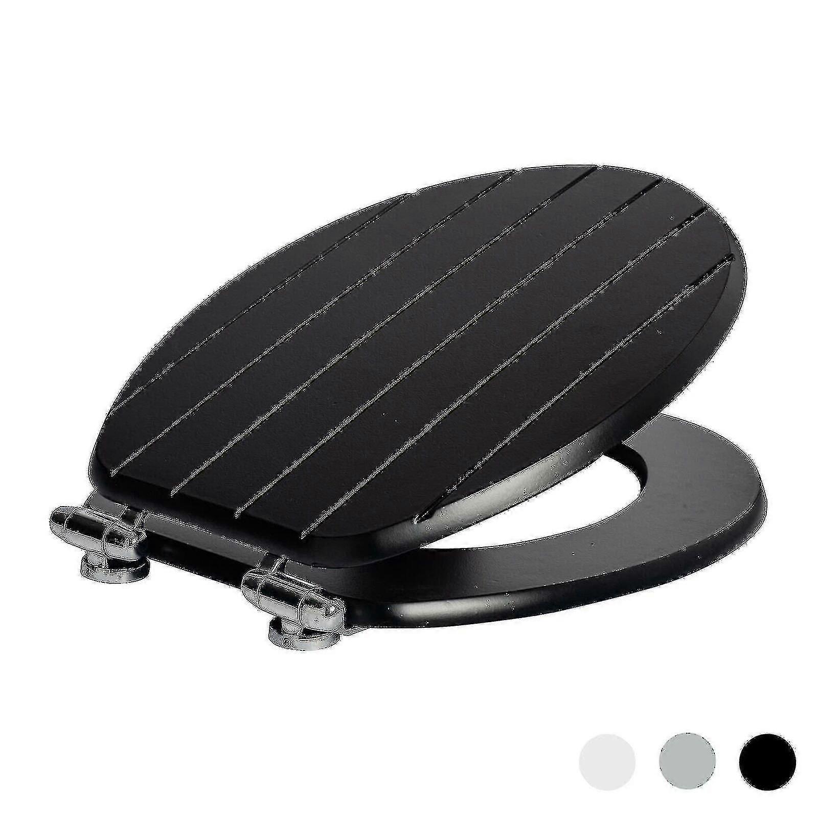 Soft Closing Toilet Seat - Wood with Chrome Hinges, Fluted Black Design