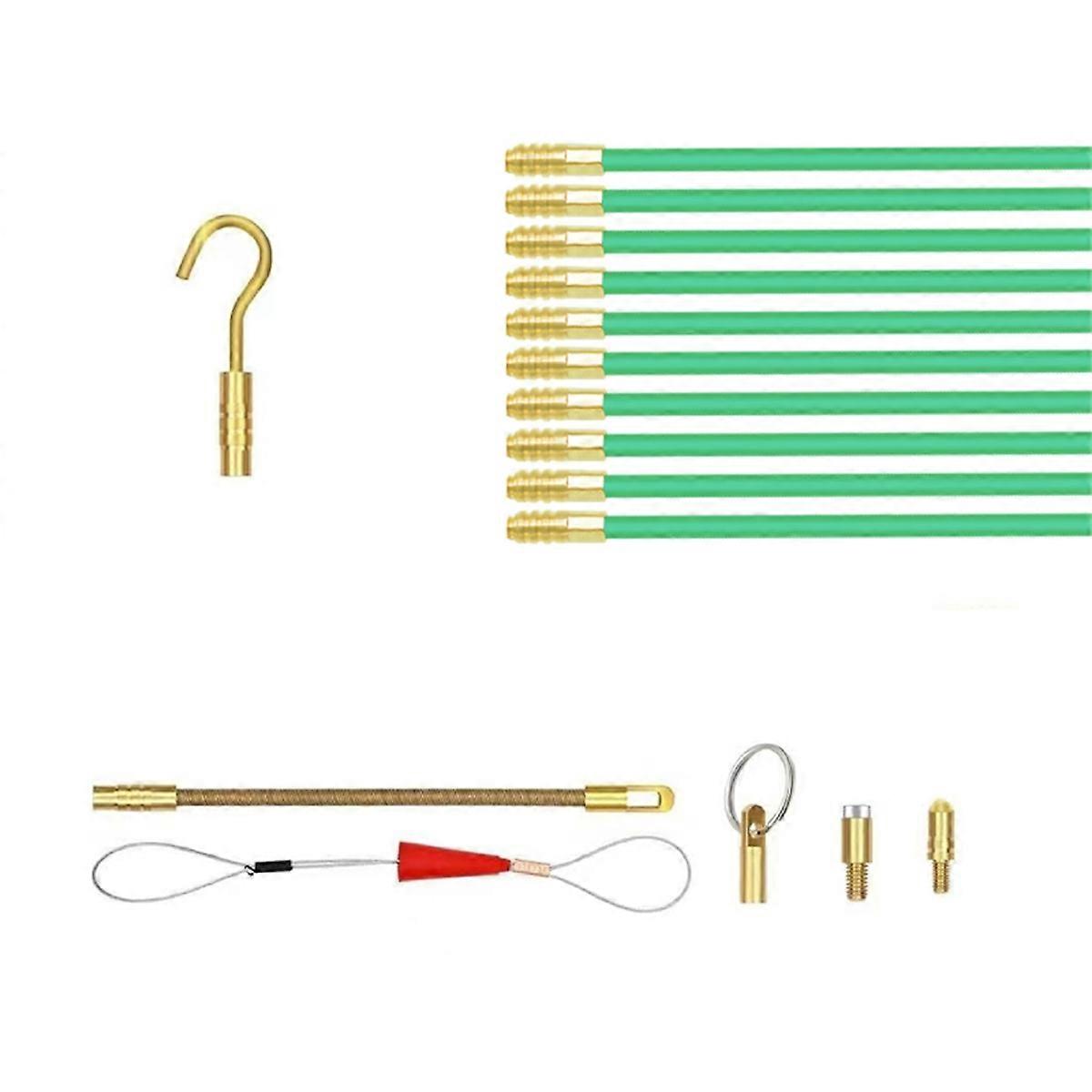 Fiberglass Fish Tape Cable Rods, Electrical Wire Running Pull/Push Kit with Hook and Hole Kit Glow Rod, Hook Hole