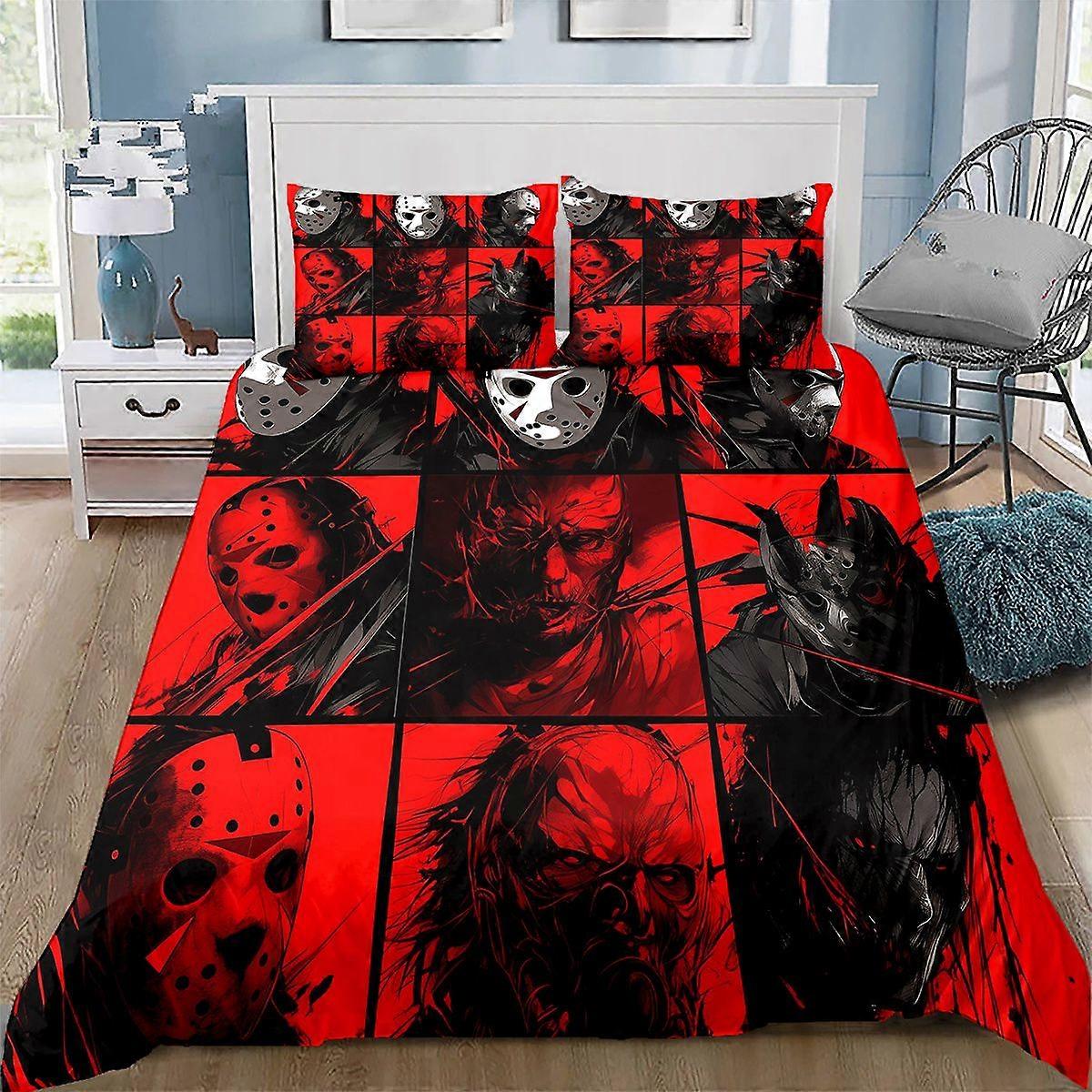 TE489 Red Background Horror Mask Pattern Digital Print Bedding Set with Pillowcases Three-Piece Set for Bedroom Decor Birthday Christmas