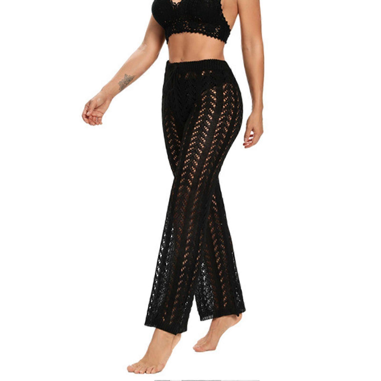 Womens Crochet Hollow Beach Pants Pure Color Casual Elegant Waist Drawstring Swimsuit Cover Up Pants Black L