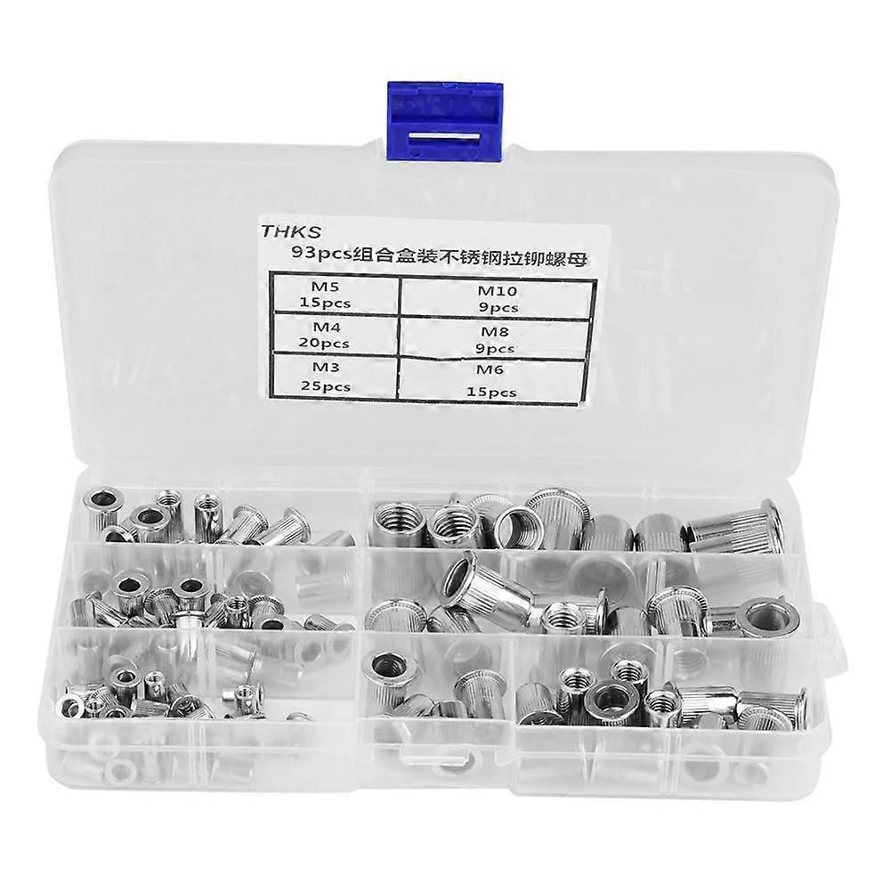 93pcs fileté insert 1 boîte M3, M4, M5, M6, M8, M10 304 Ensemble d’écrou de rivet aveugle en acier inoxydable