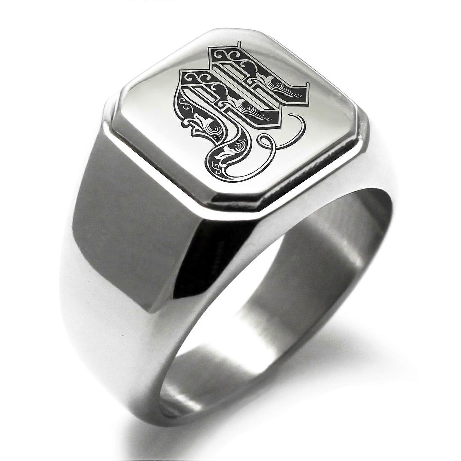 Stainless Steel Letter M Initial Royal Monogram Engraved Engraved Square Flat Top Biker Style Polished Signet Ring