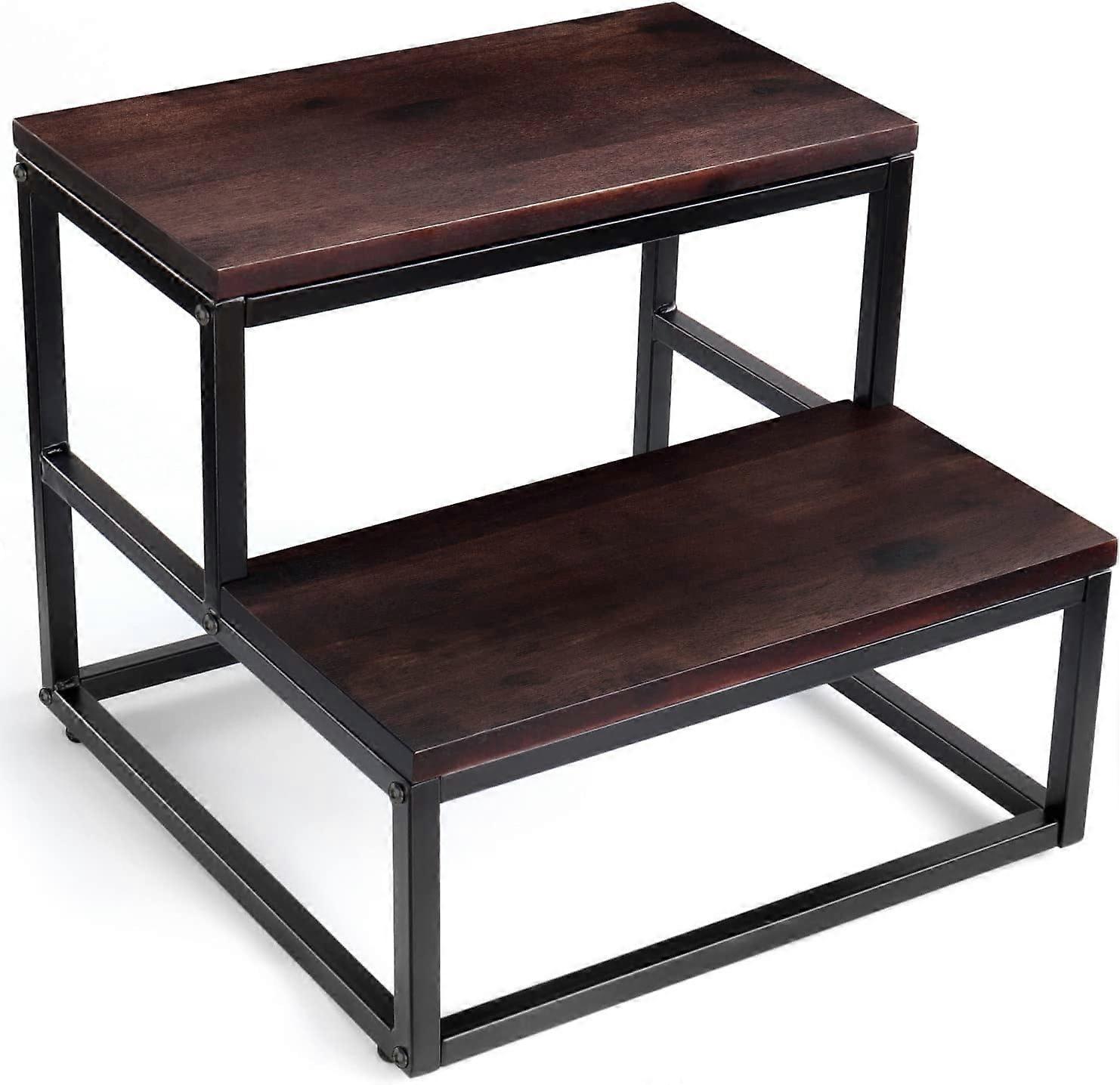 Wooden Two Step Stool - Heavy Duty 2 Step Stool - Holds up to 400Lb with Metal Frame for Kitchen/Bathroom/Bedside Step Stool (Walnut)