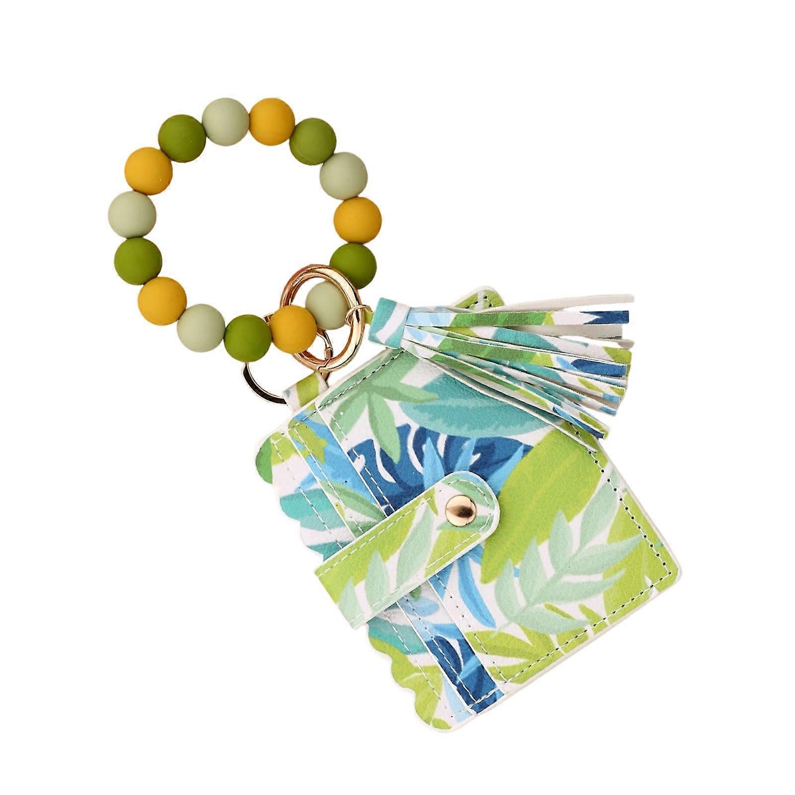 Lightweight PU Keychain Card Wallet Handcrafted Bohemian Beads And Keyring Decorative Beaded Bag Charm  Yellow green