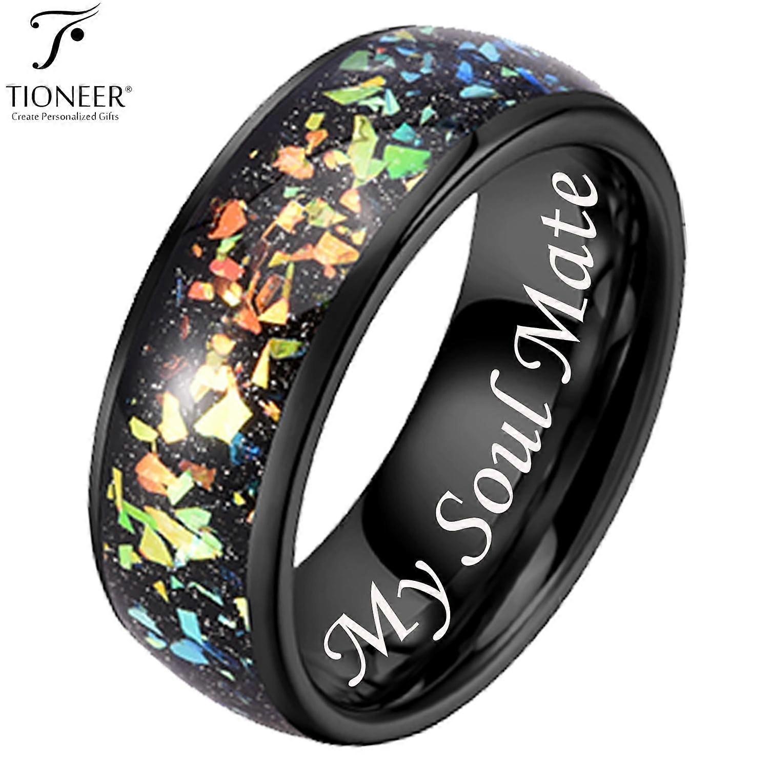 Tioneer Black IP Tungsten Ring 8mm Galaxy Series w/ Opal Inlay in Different Styles Wedding Band