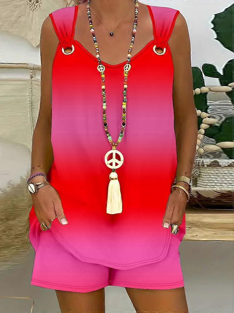 Women's Sleeveless Gradient Color Top and Shorts Set, Casual Summer Outfit, Stretchy Comfort Fit