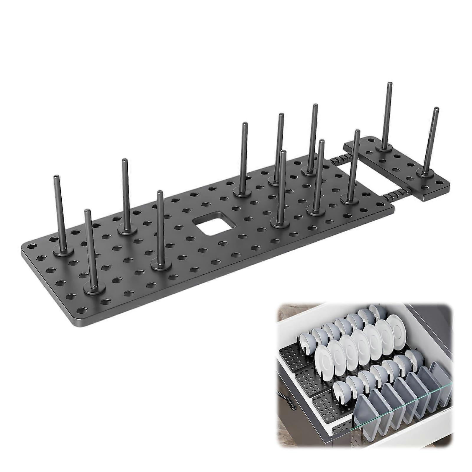 Adjustable Plate Rack Organizer with Removable Dividers for Cupboard Drawer or Countertop Storage