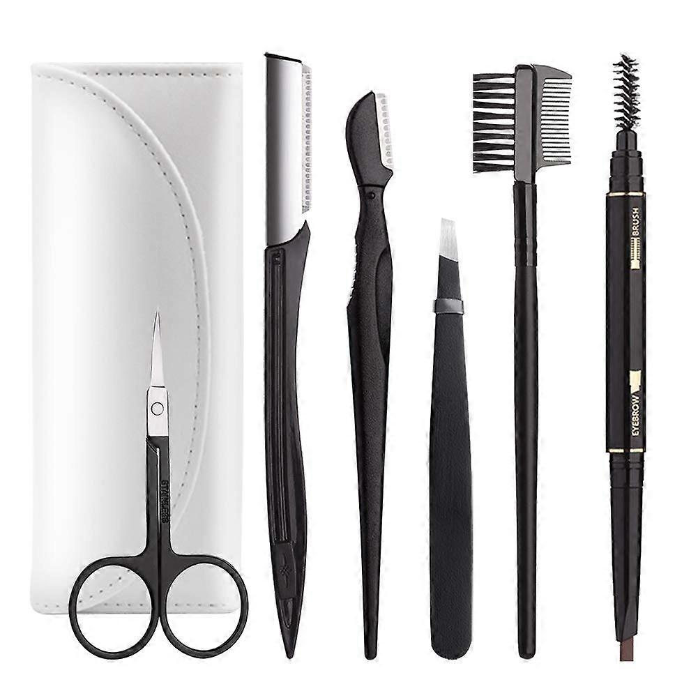 Eyebrow Grooming Kit 6 in 1 Tweezers Razor Scissors Brush Brown Pencil with Pouch (CWhite)