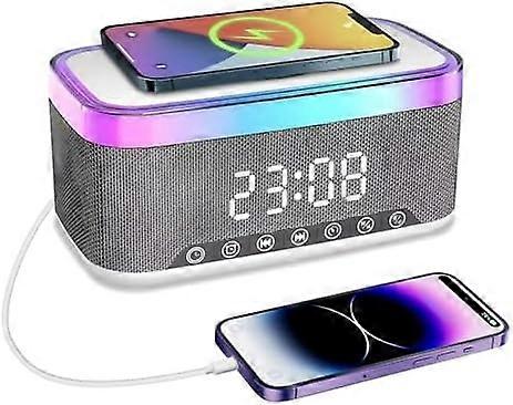 Radio Alarm Clock Bedside, Alarm Clock with 15W Wireless Charging, Bluetooth Speaker, Fast Qi Wireless Charger, 13 LED lighting Effects, FM Radio, USB