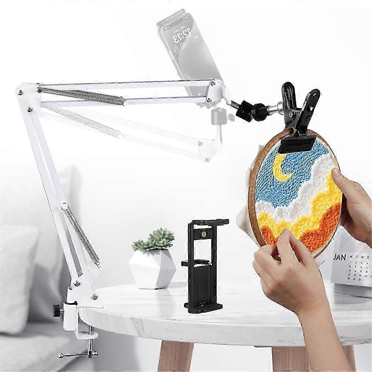 حامل طوق تطريز أبيض قابل للتعديل للعمل اليدوي ، حامل سطح مكتب 3 في 1 طوق / جهاز لوحي / حامل هاتف ،