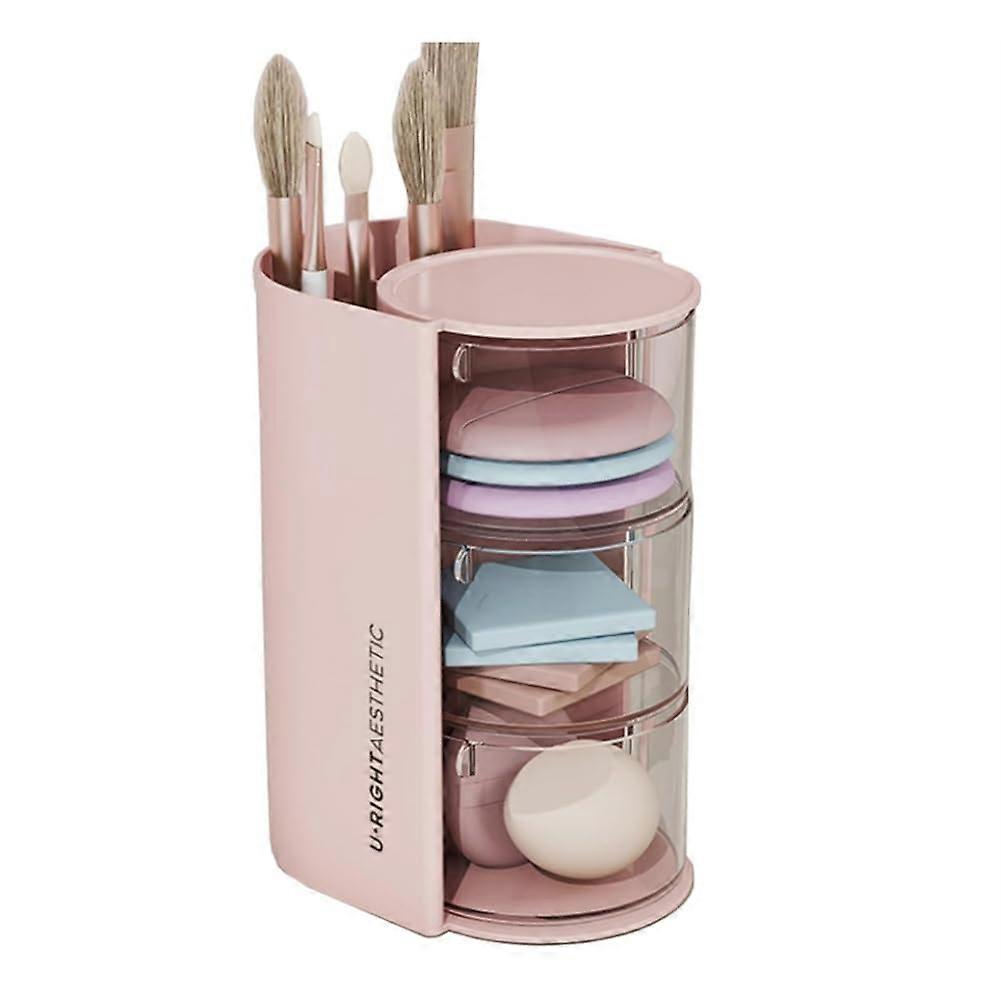 Makeup Brush Holder and Organizer, 3Layer Rotating Dual Slot Desktop Storage Box, Pink