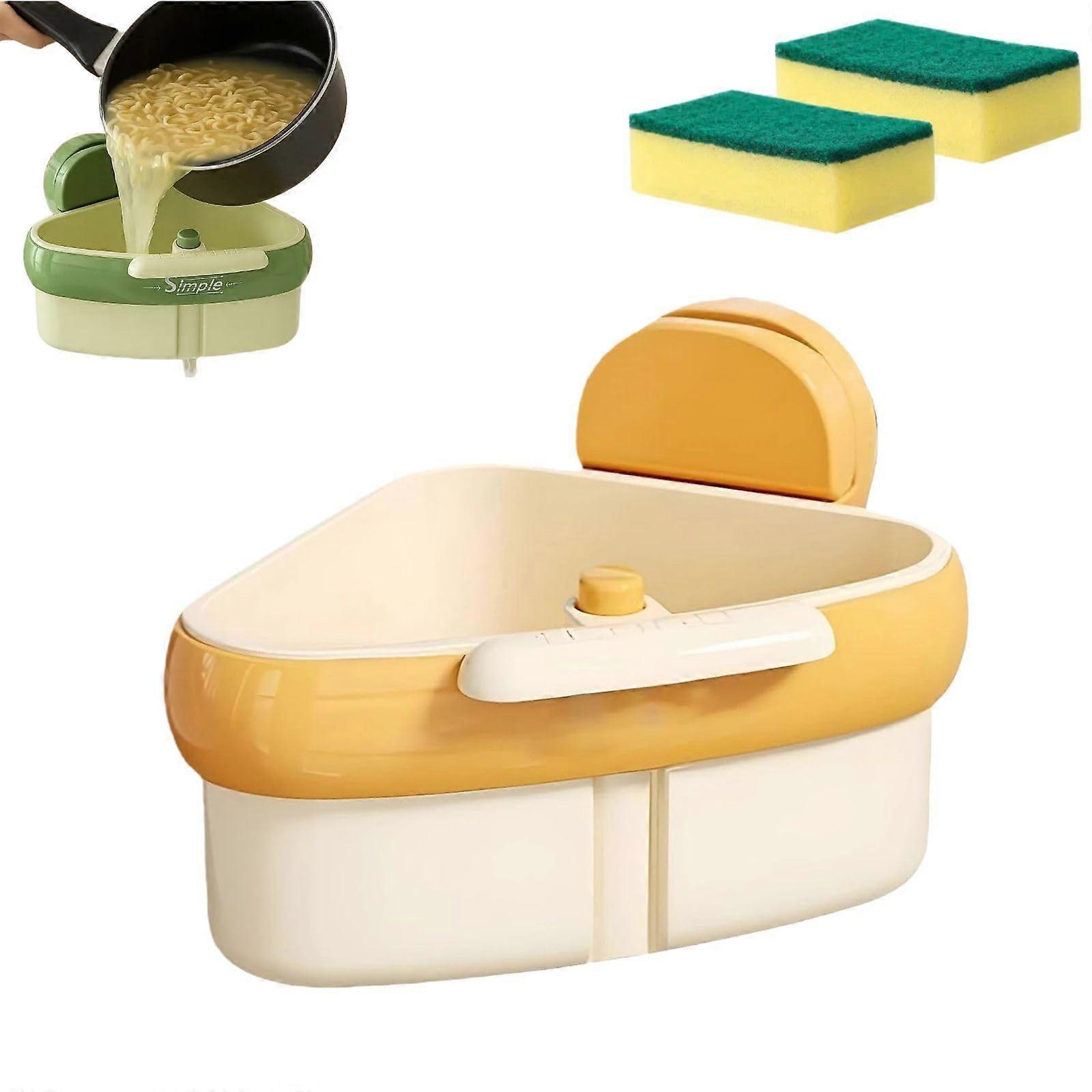 Sink Corner Rack with Suction Cups, Triangular Strainer Basket for Kitchen, Yellow Plastic